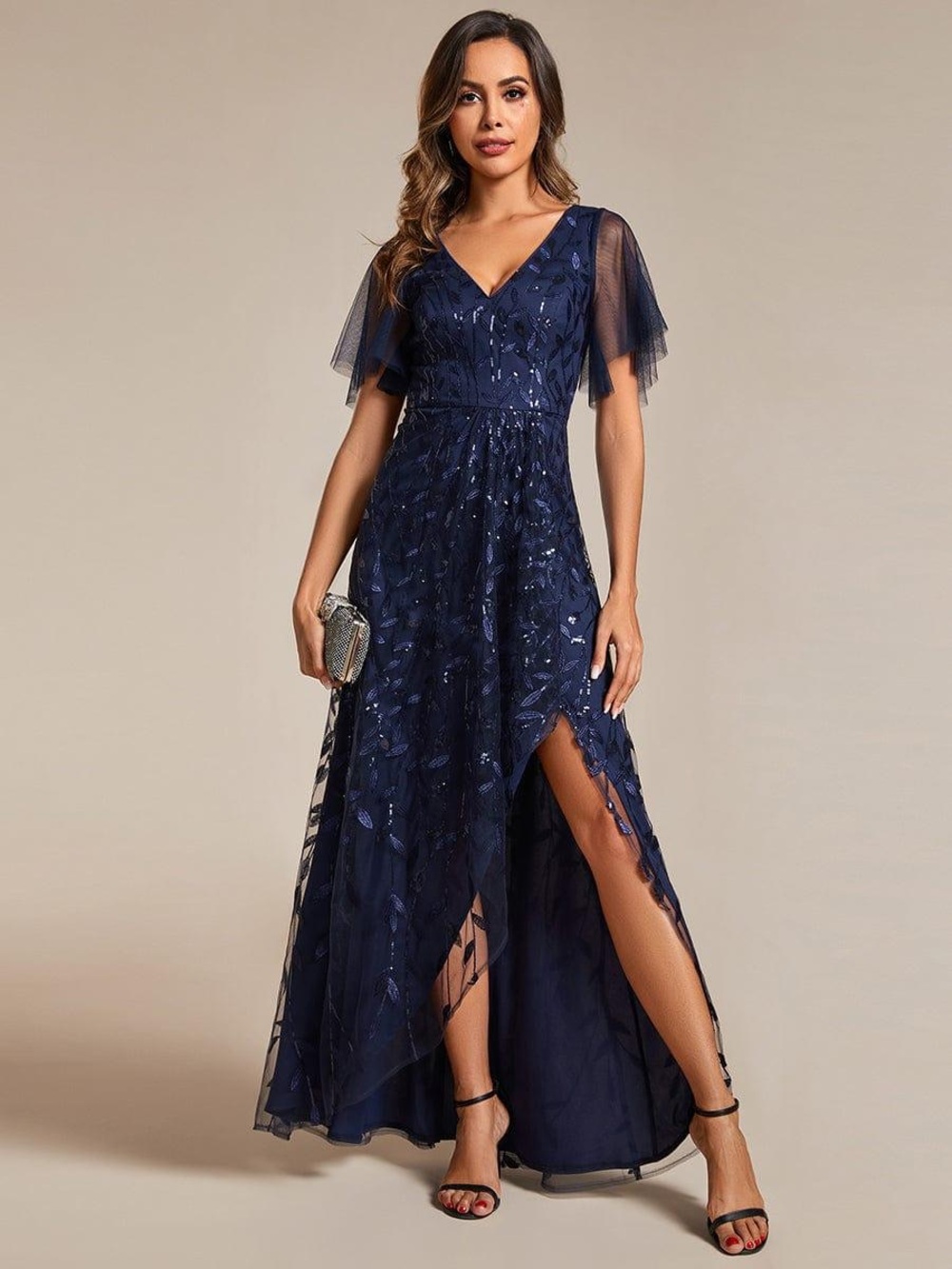 Ever Pretty Navy V-Neck Beaded Evening Gown